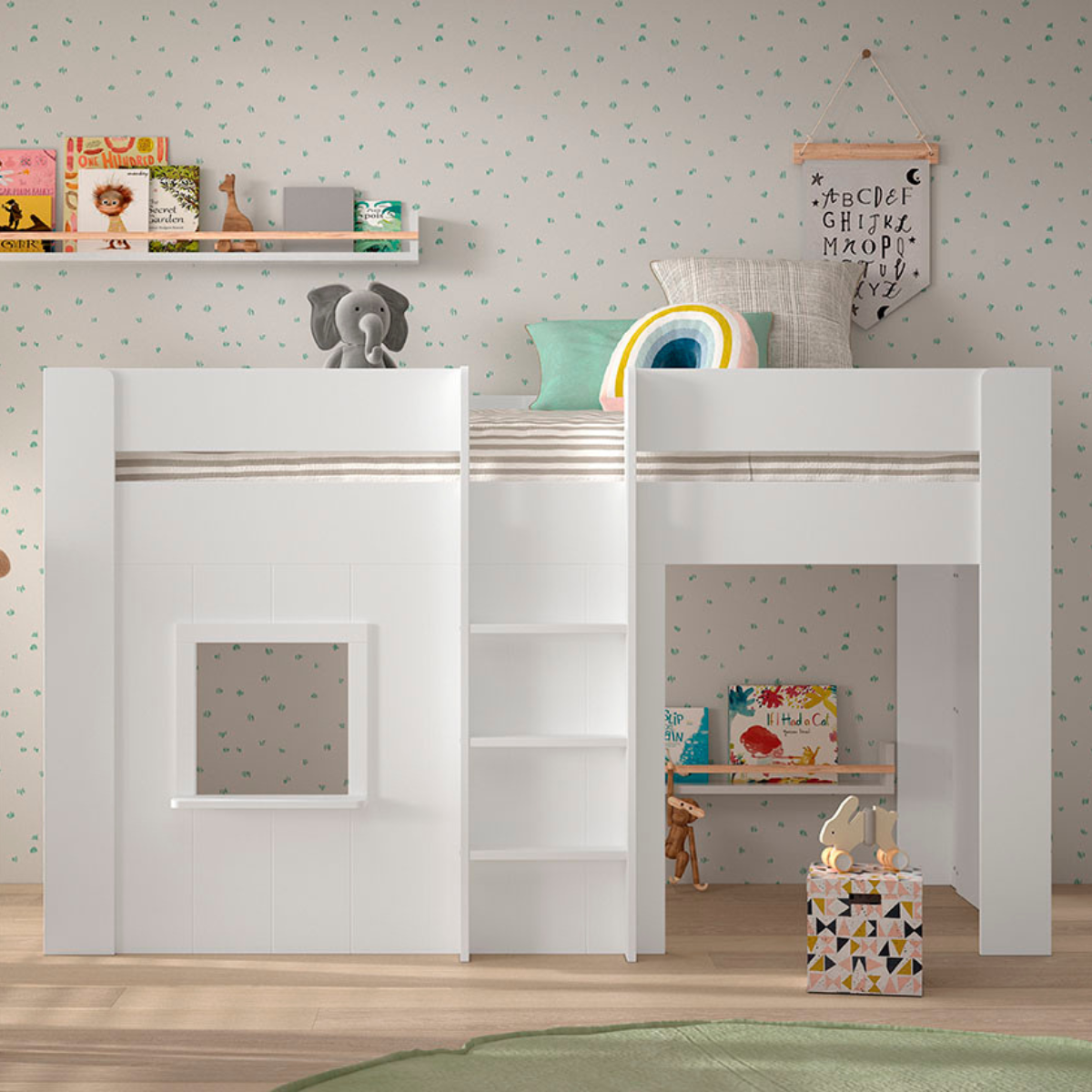 White children's cabin bed with ladder and entrance to play space underneath bed that has toys and books in a room with light-colored walls and wooden floor.