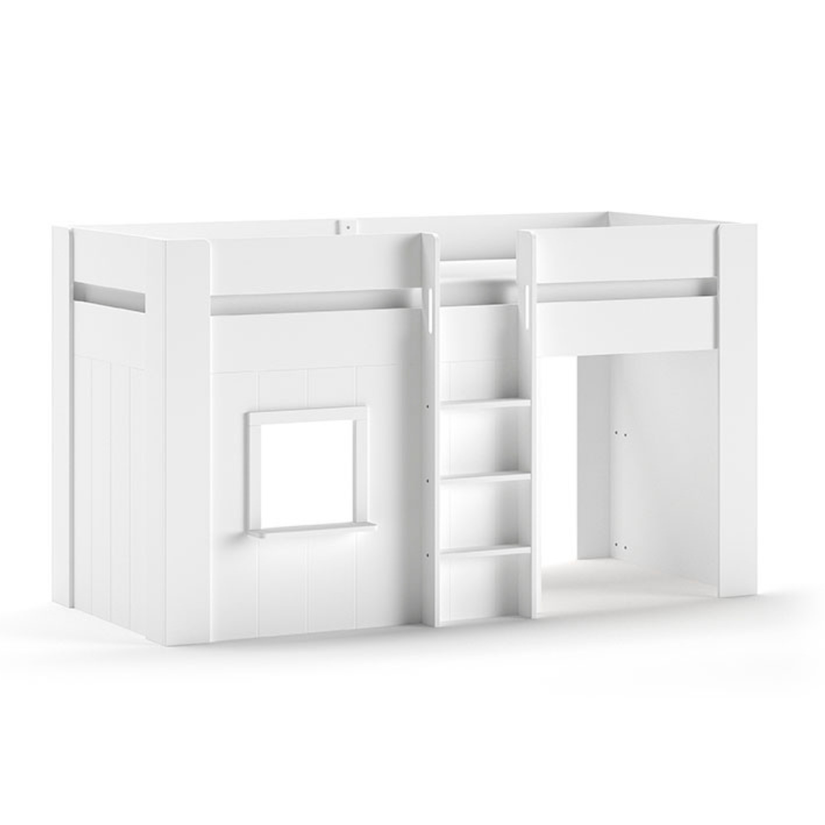 White cabin bed with ladder and covered play are under bed on a white background