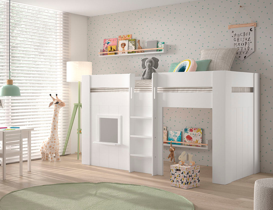 Children's room with a white kid slepper bed, shelves, and toys.