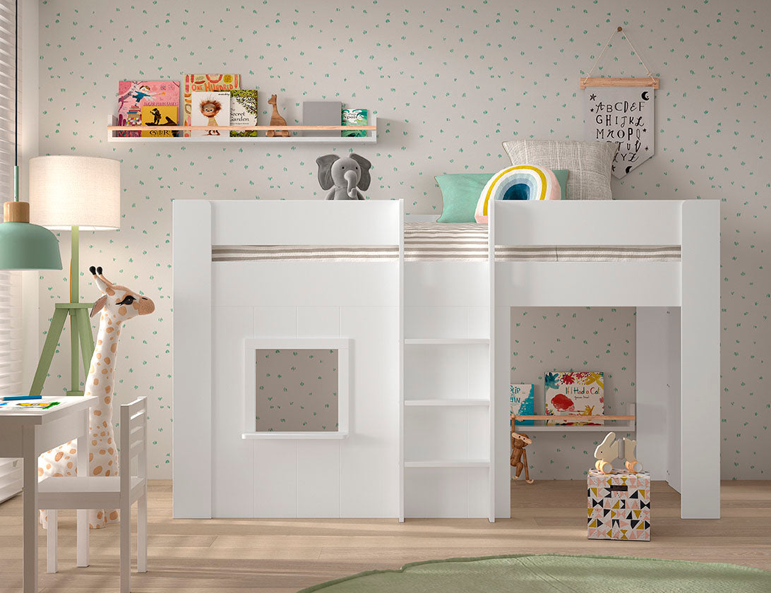 Children's room with white mid sleeper bed, shelves, and toys.