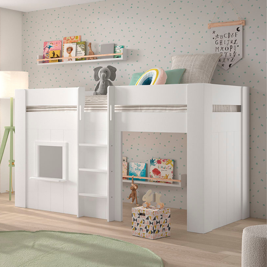 White children's cabin bed with ladder and entrance to play space underneath bed in a room with light-colored walls and wooden floor.