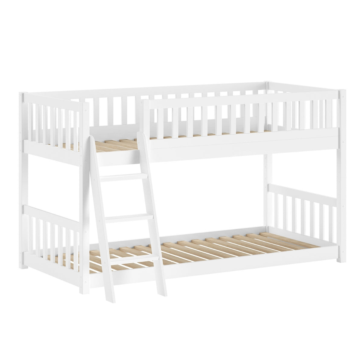 White bunk bed with wooden slats on a white background