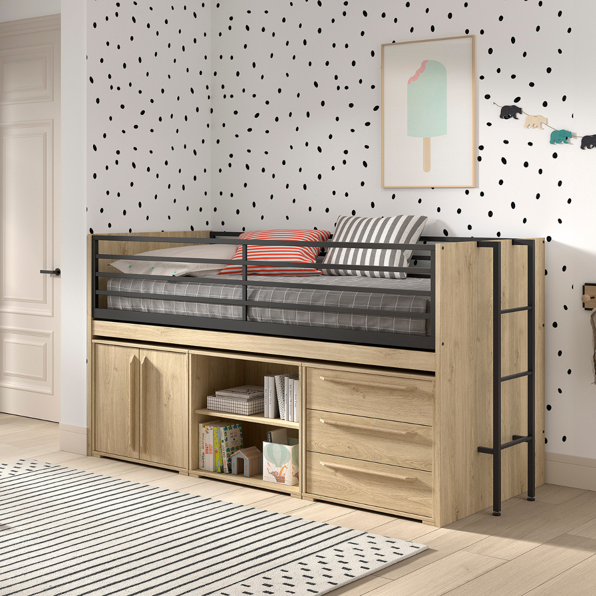 VIPACK SAM European mid sleeper 90 X 200 cm oak with storage drawers & shelving unit
