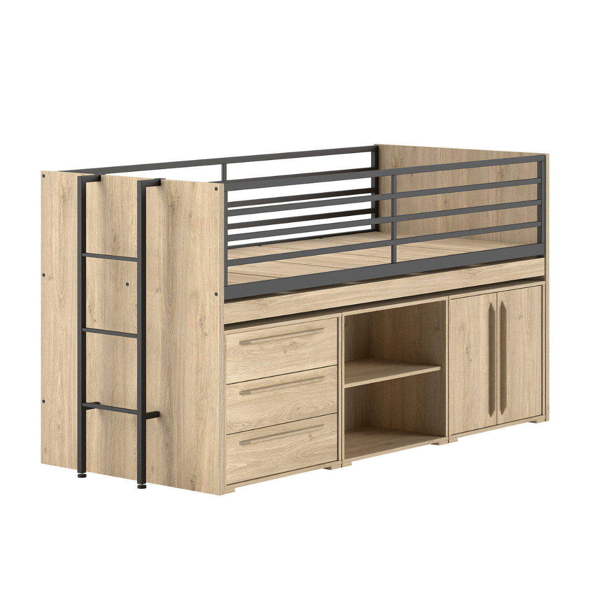 VIPACK SAM European mid sleeper 90 X 200 cm oak with storage drawers & shelving unit