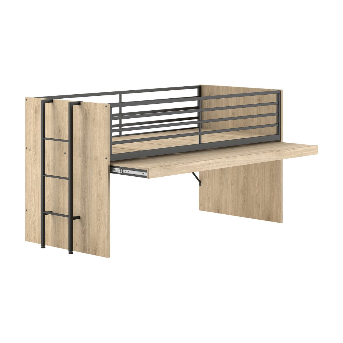 A VIPACK SAM mid sleeper cabin bed that has an extendable wooden desk underneath taken on a plain white background. The bed has a natural wood finish with black metal railings and ladder.  
