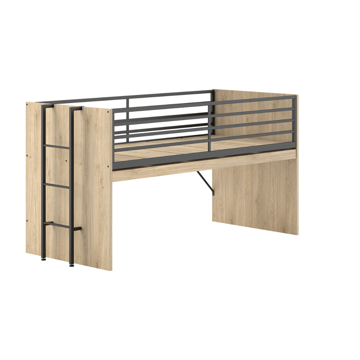 A VIPACK SAM mid sleeper cabin bed that has an extendable wooden desk underneath that has been folded away taken on a plain white background. The bed has a natural wood finish with black metal railings and ladder.  