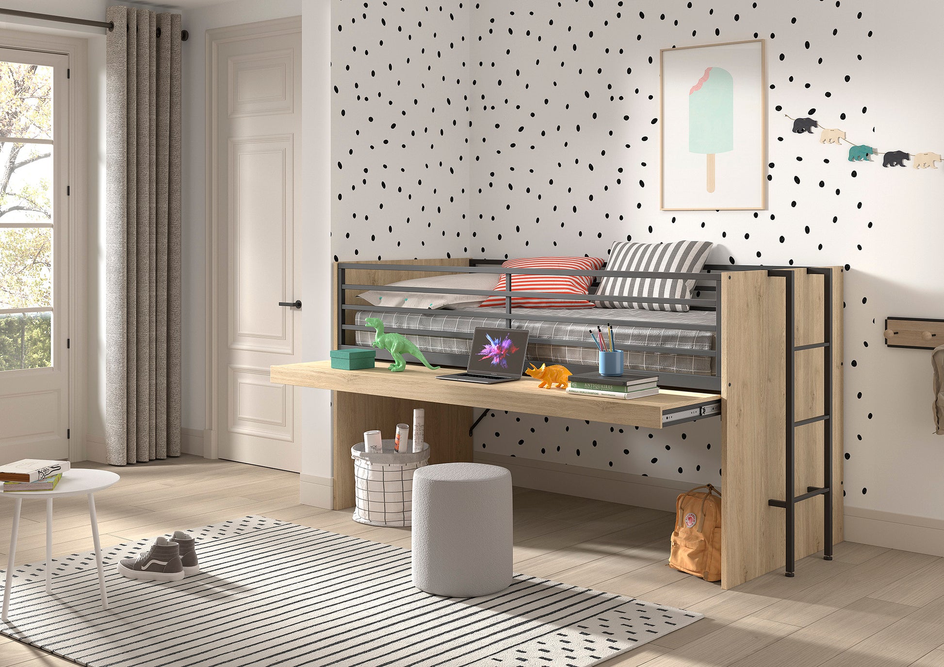 A modern children’s bedroom with a mid sleeper cabin bed that has an extendable wooden desk underneath. The bed has a natural wood finish with black metal railings and ladder. The desk holds books, colorful dinosaur toys, and a laptop. 