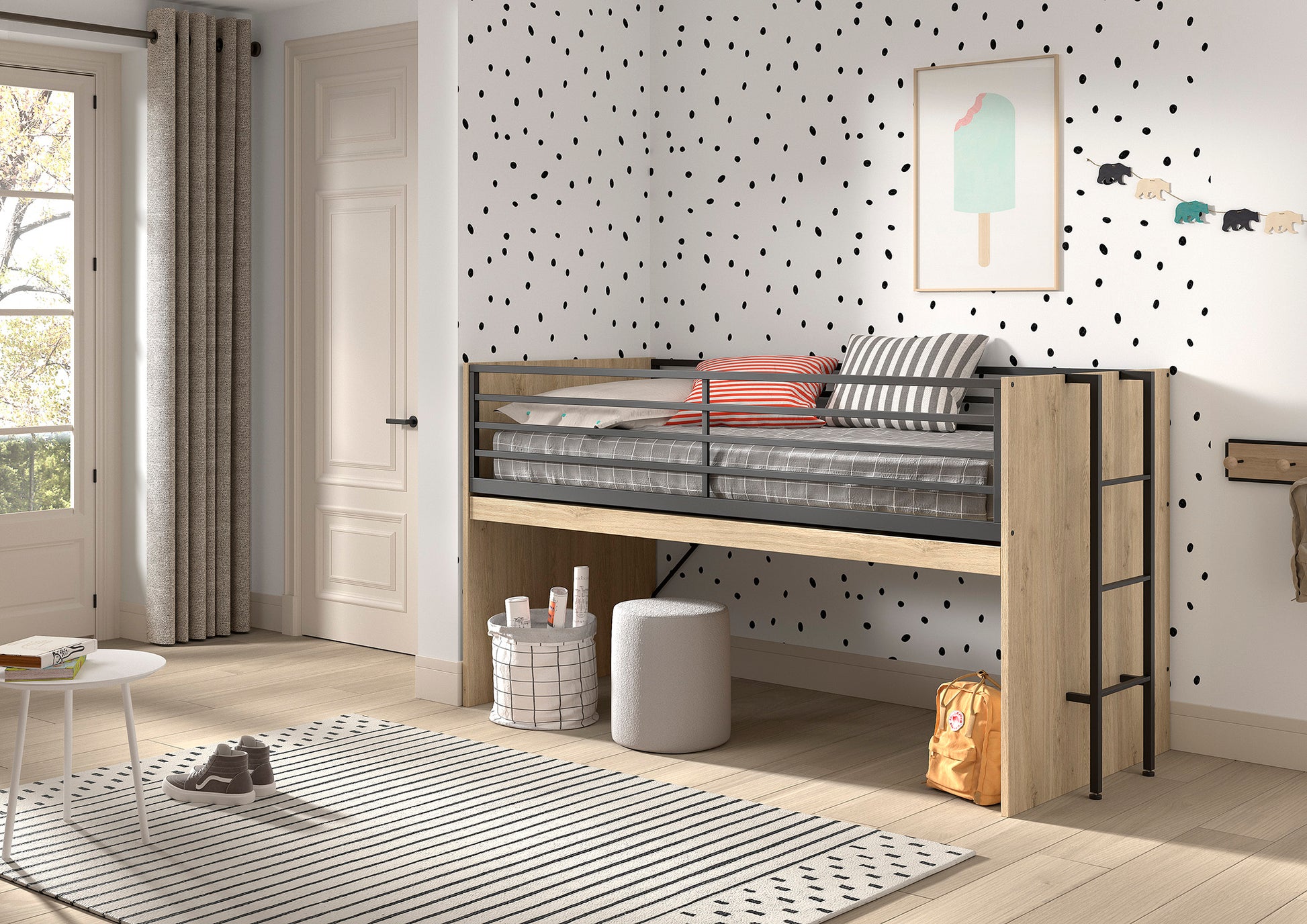 A modern children’s bedroom with a mid sleeper cabin bed that has an extendable wooden desk underneath.  The desk has been folded away for storage. The bed has a natural wood finish with black metal railings and ladder. The desk holds books, colorful dinosaur toys, and a laptop. 