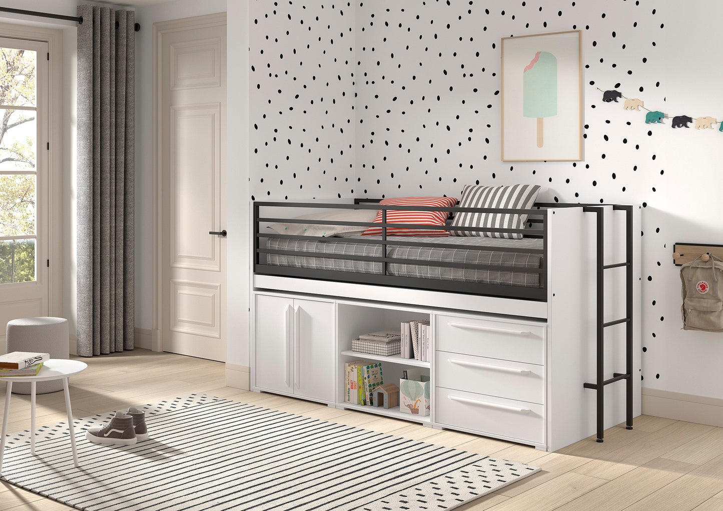 VIPACK SAM European mid sleeper 90 X 200 cm white with storage drawers & shelving unit