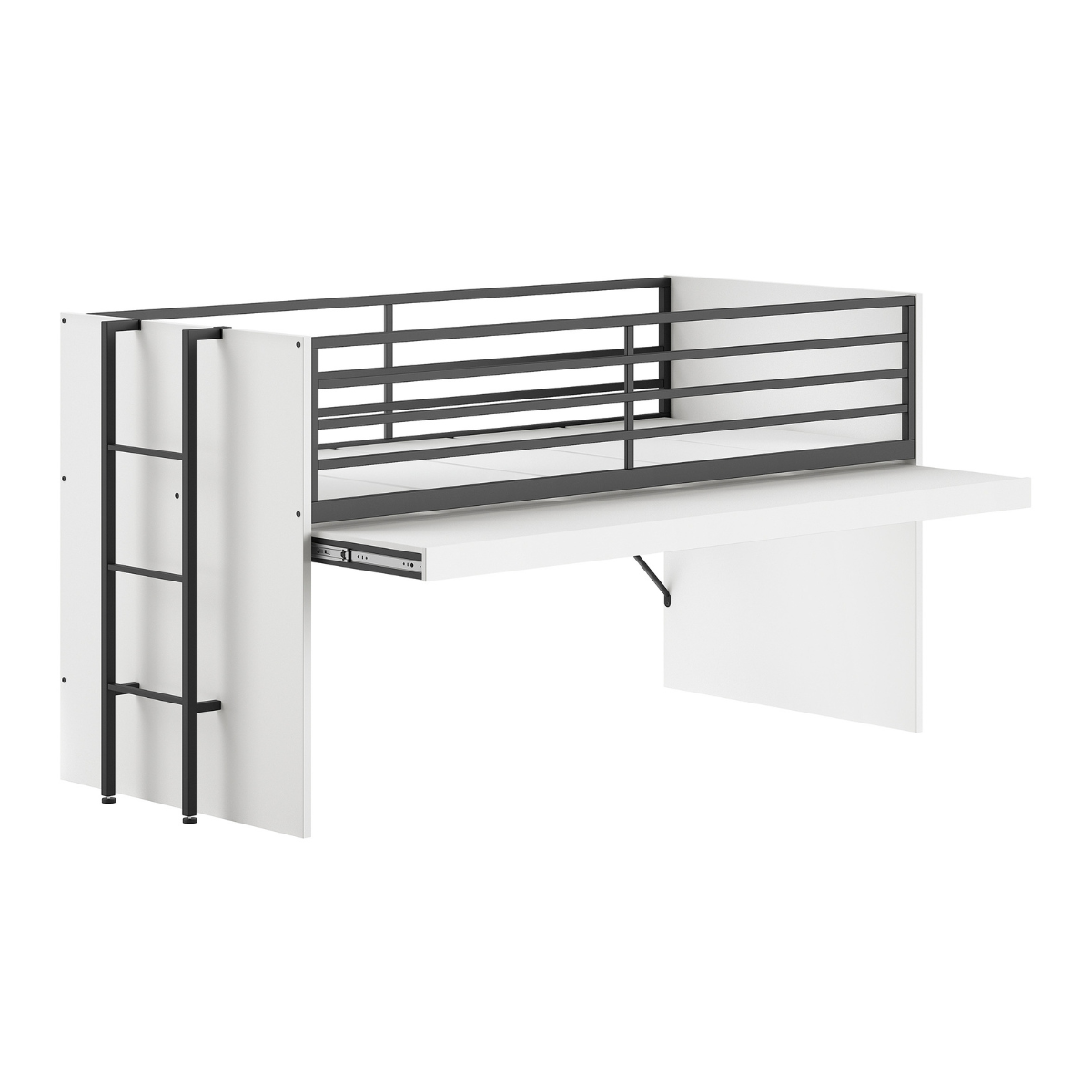 A VIPACK SAM mid sleeper cabin bed that has an extendable desk underneath taken on a plain white background. The bed has a white finish with black metal railings and ladder.  