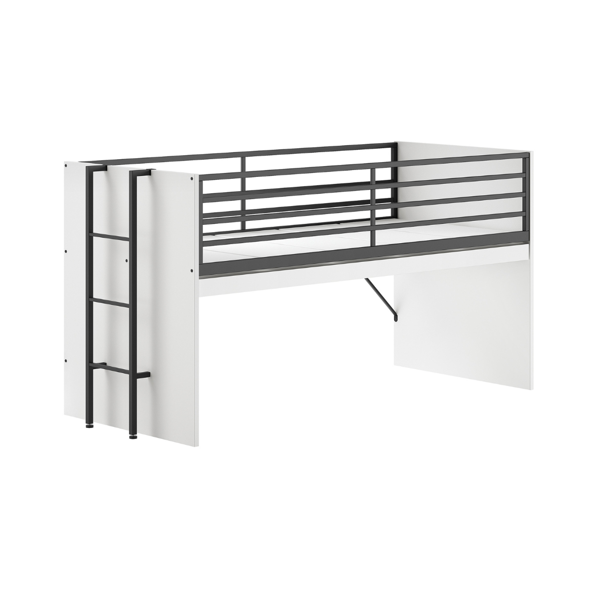 White childrens cabin mid sleeper bed with black metal bed guard railings and ladder on white background