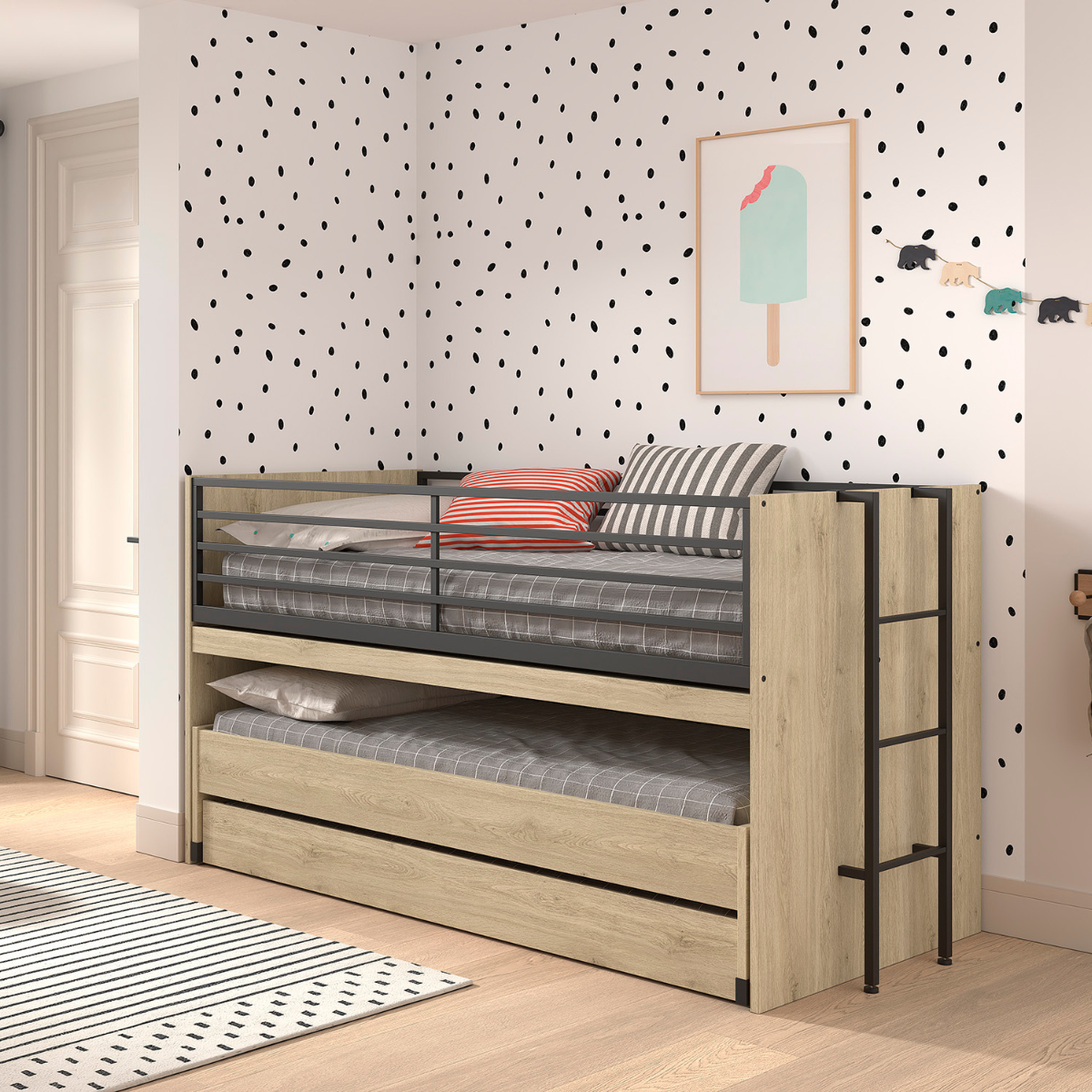 VIPACK SAM European triple mid sleeper 90 X 200 cm oak