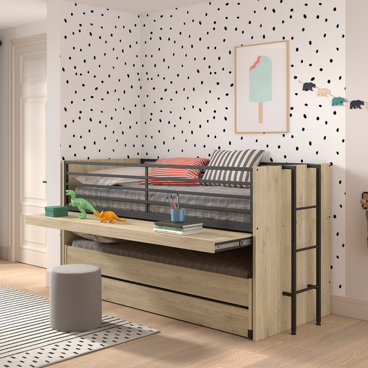 VIPACK SAM oak triple mid sleeper with desk and two pull-out guest beds in kids bedroom