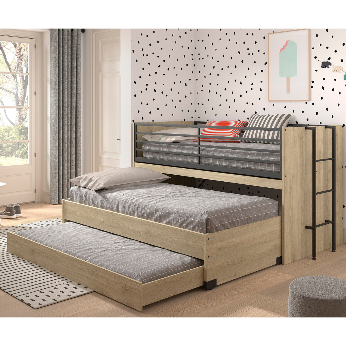 VIPACK SAM European triple mid sleeper 90 X 200 cm oak