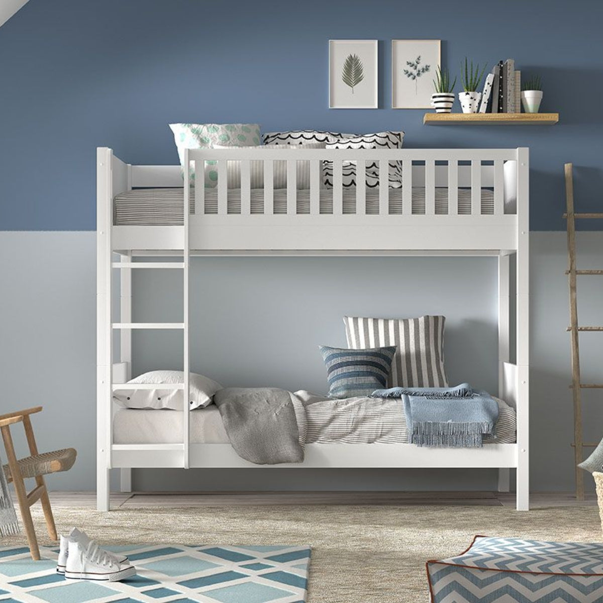 white vipack scott bunk bed with ladder in room with blue walls