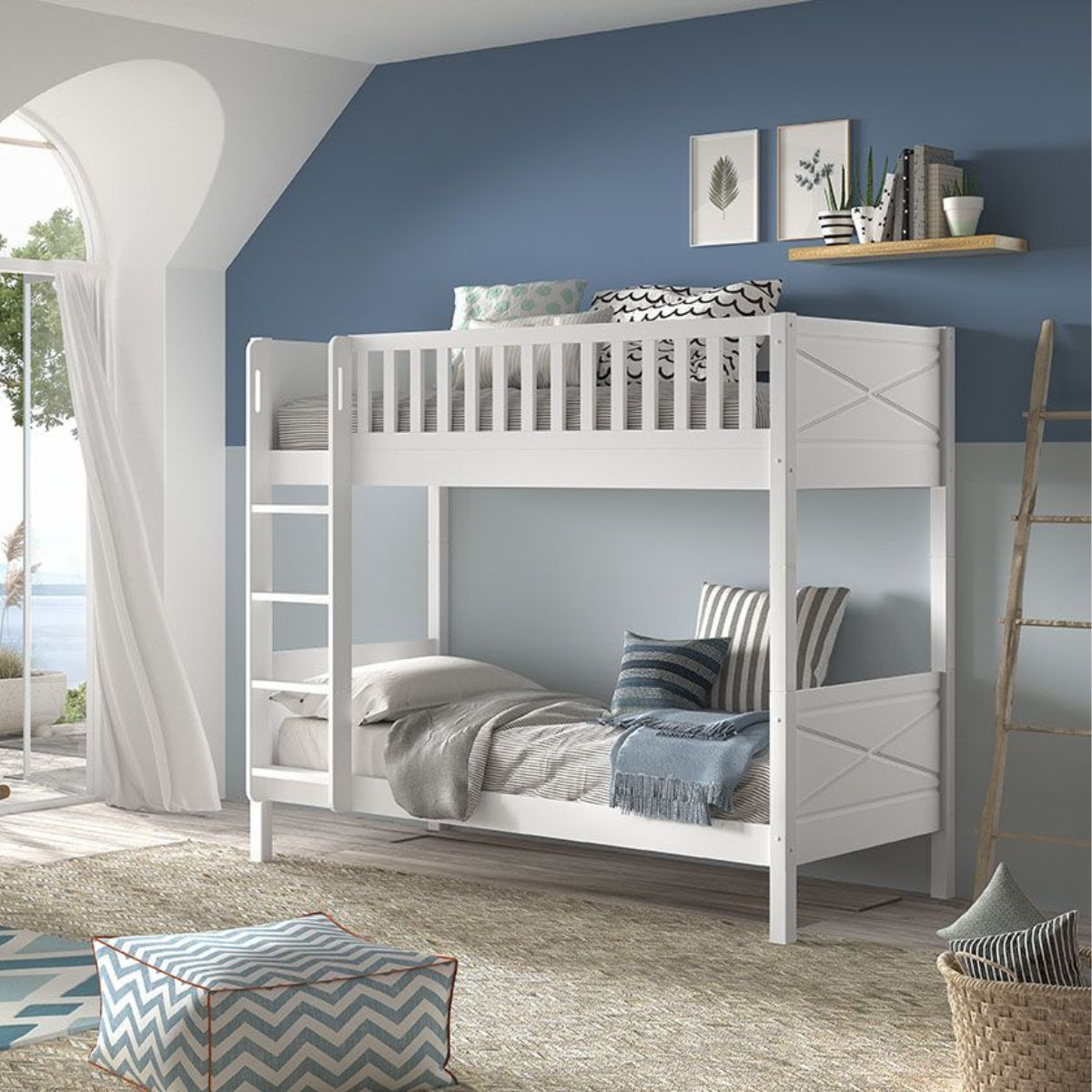 White bunk bed in a room with blue walls and decorative elements.