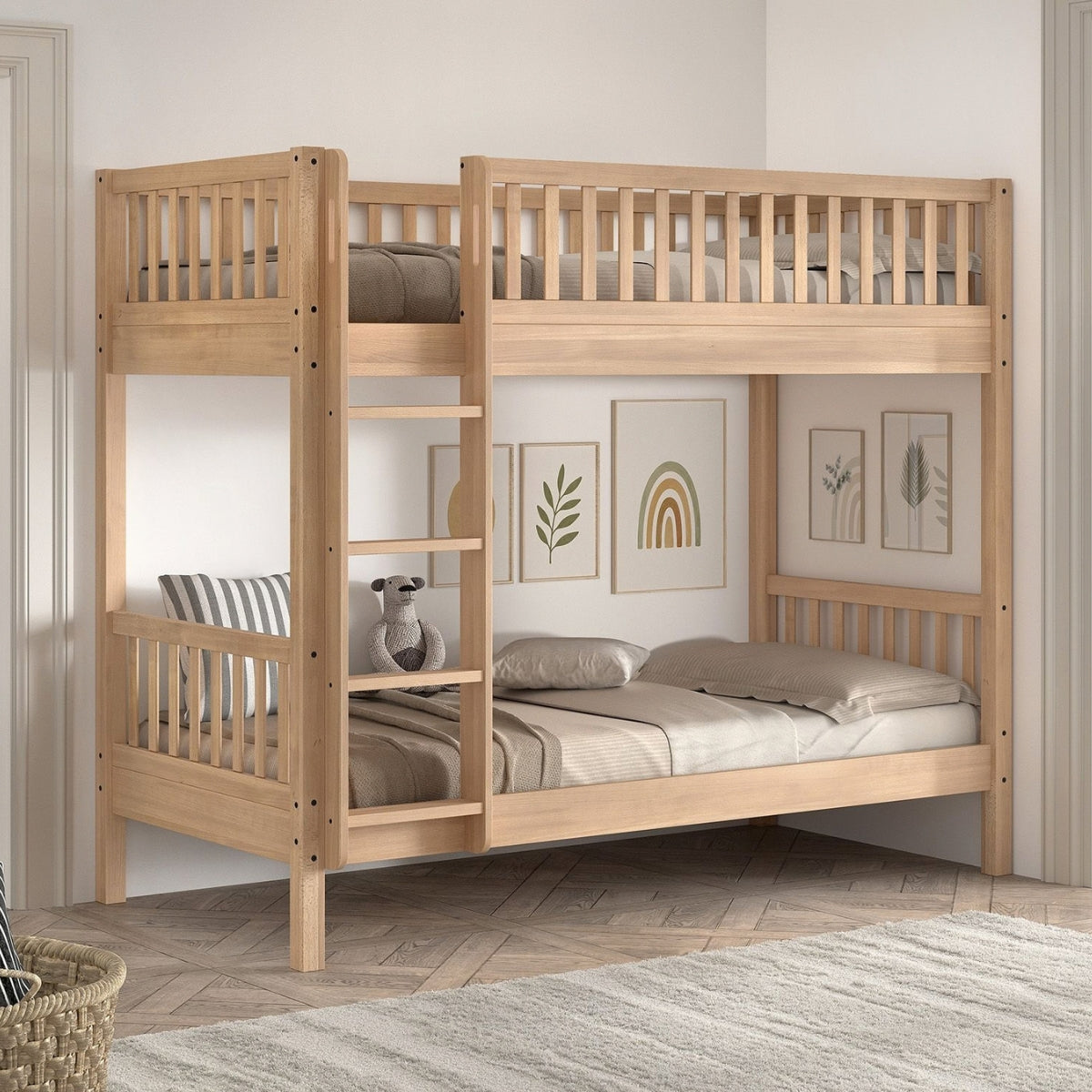 VIPACK SEDA natural beech wood bunk bed in shared children's bedroom