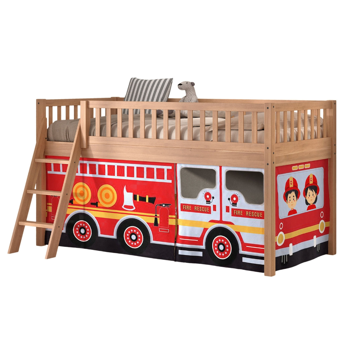 VIPACK SEDA natural beech kids mid sleeper bed with fire engine play curtain