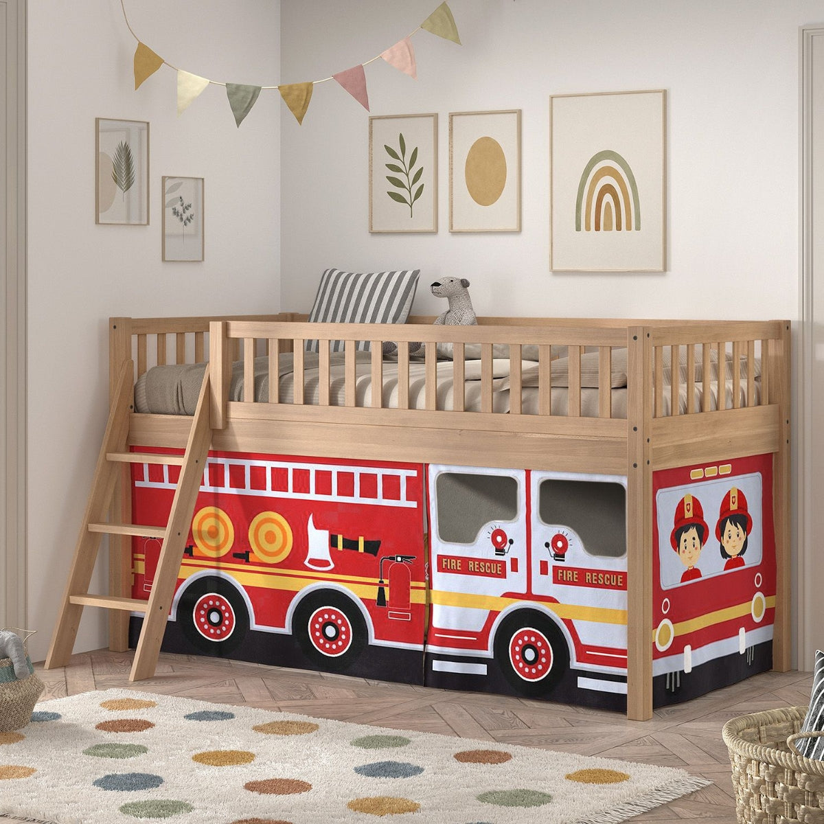 Natural beech kids mid sleeper bed with fire engine underbed play tent