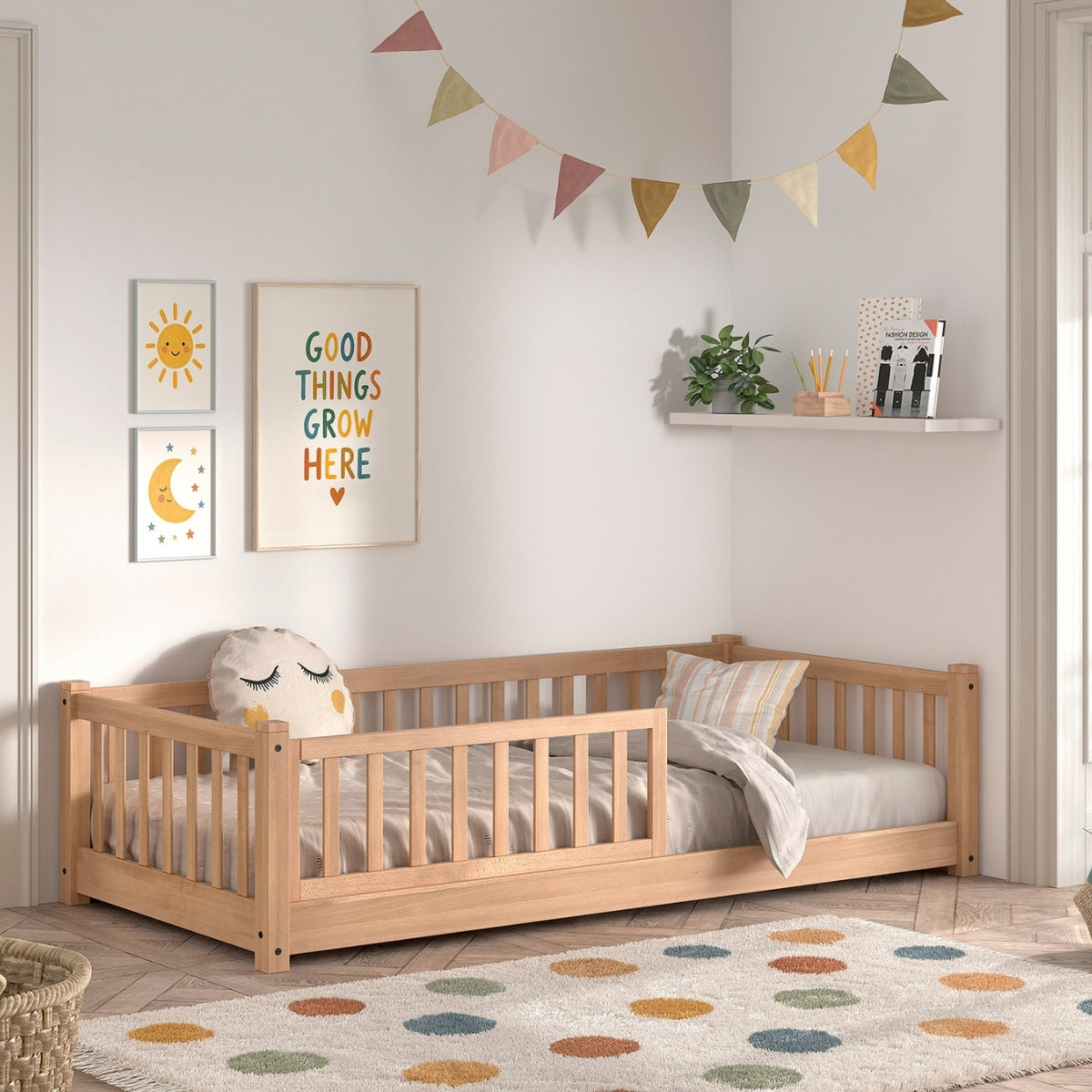 Montessori-inspired natural wood floor bed with bed guard in children's bedroom