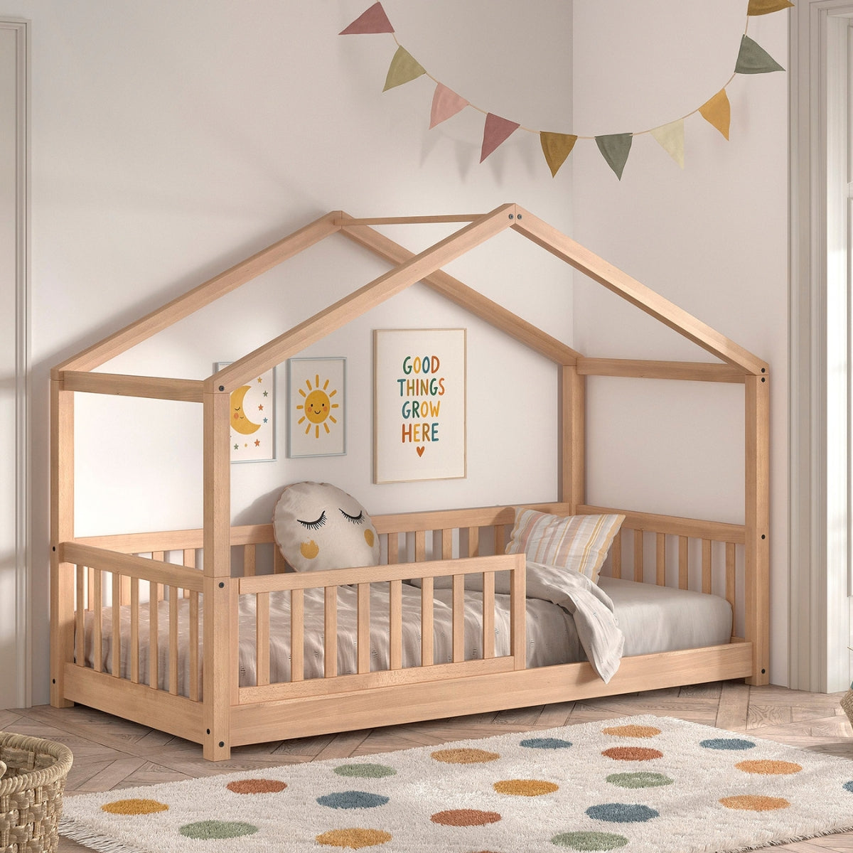 VIPACK SEDA natural wood Montessori wooden house floor bed for kids with toddler bed guard in kids bedroom