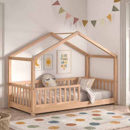 VIPACK SEDA natural wood Montessori wooden house floor bed for kids with toddler bed guard in kids bedroom