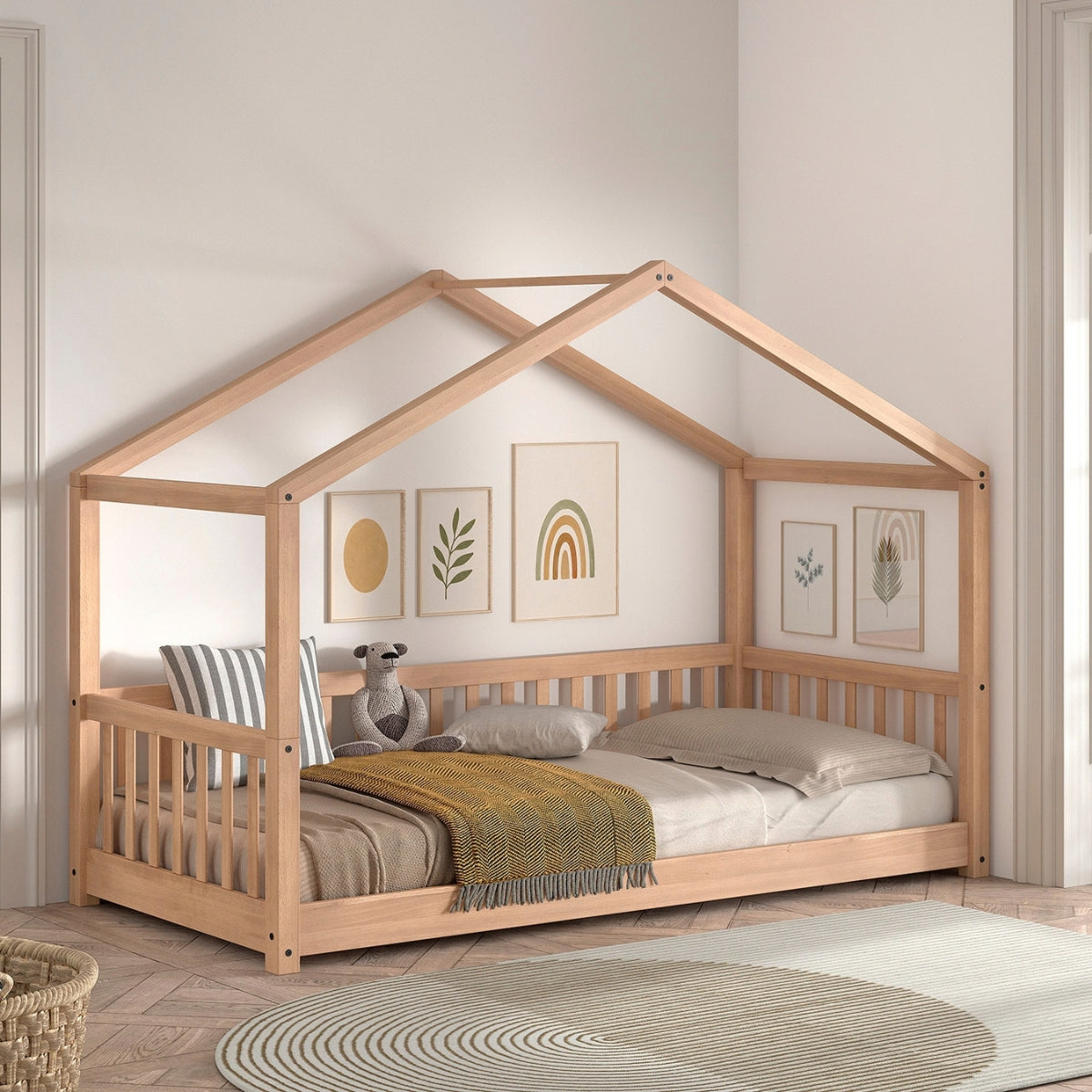 VIPACK SEDA Montessori wooden house floor bed for kids in natural beech in childs bedroom