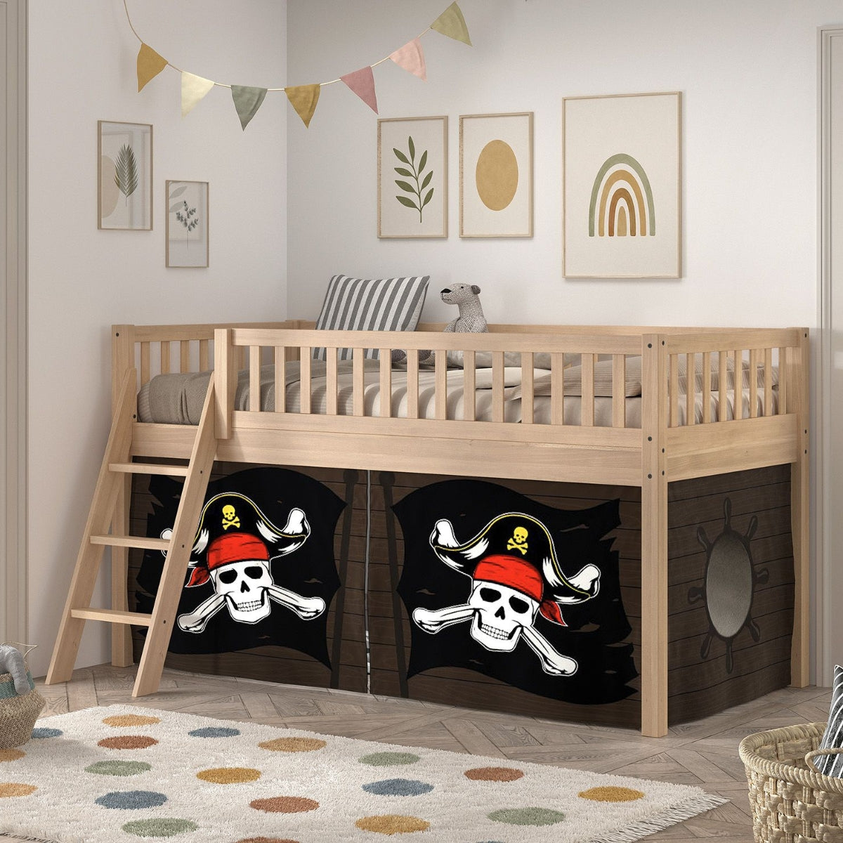 Kids natural wood mid sleeper bed with pirate underbed tent and play den