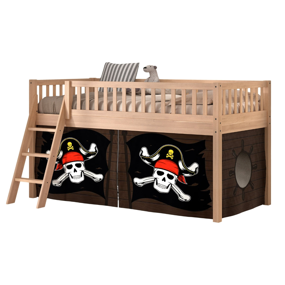VIPACK SEDA natural beech kids mid sleeper bed with pirate play curtain on white background