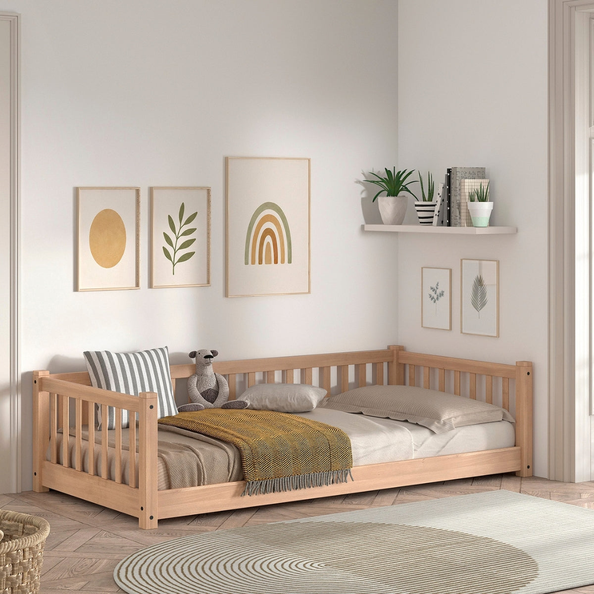 VIPACK SEDA Natural wood Montessori-inspired floor bed for children with raised sides