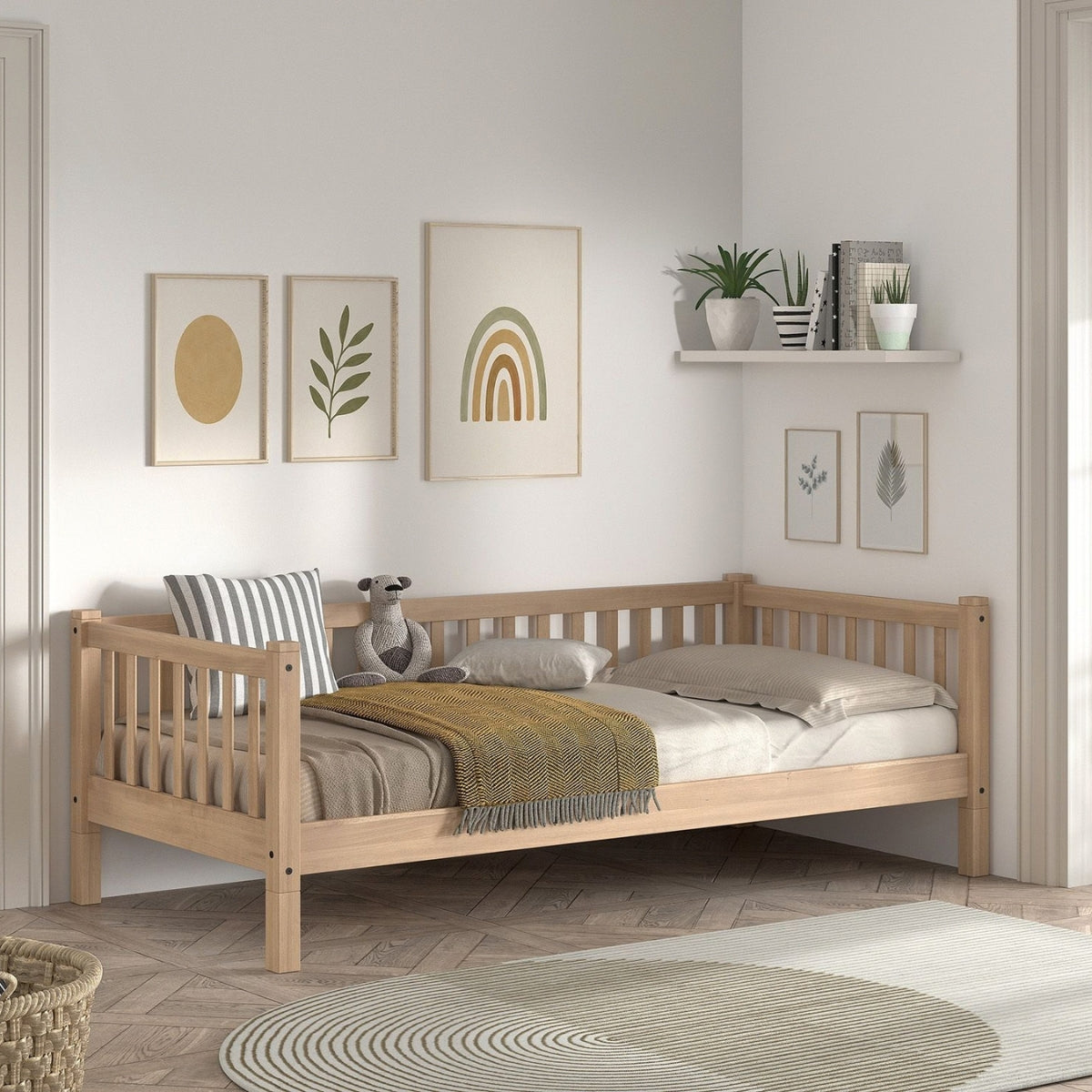 VIPACK SEDA natural beech wood kids’ day bed with raised sides and three-sided frame in modern scandi inspired home