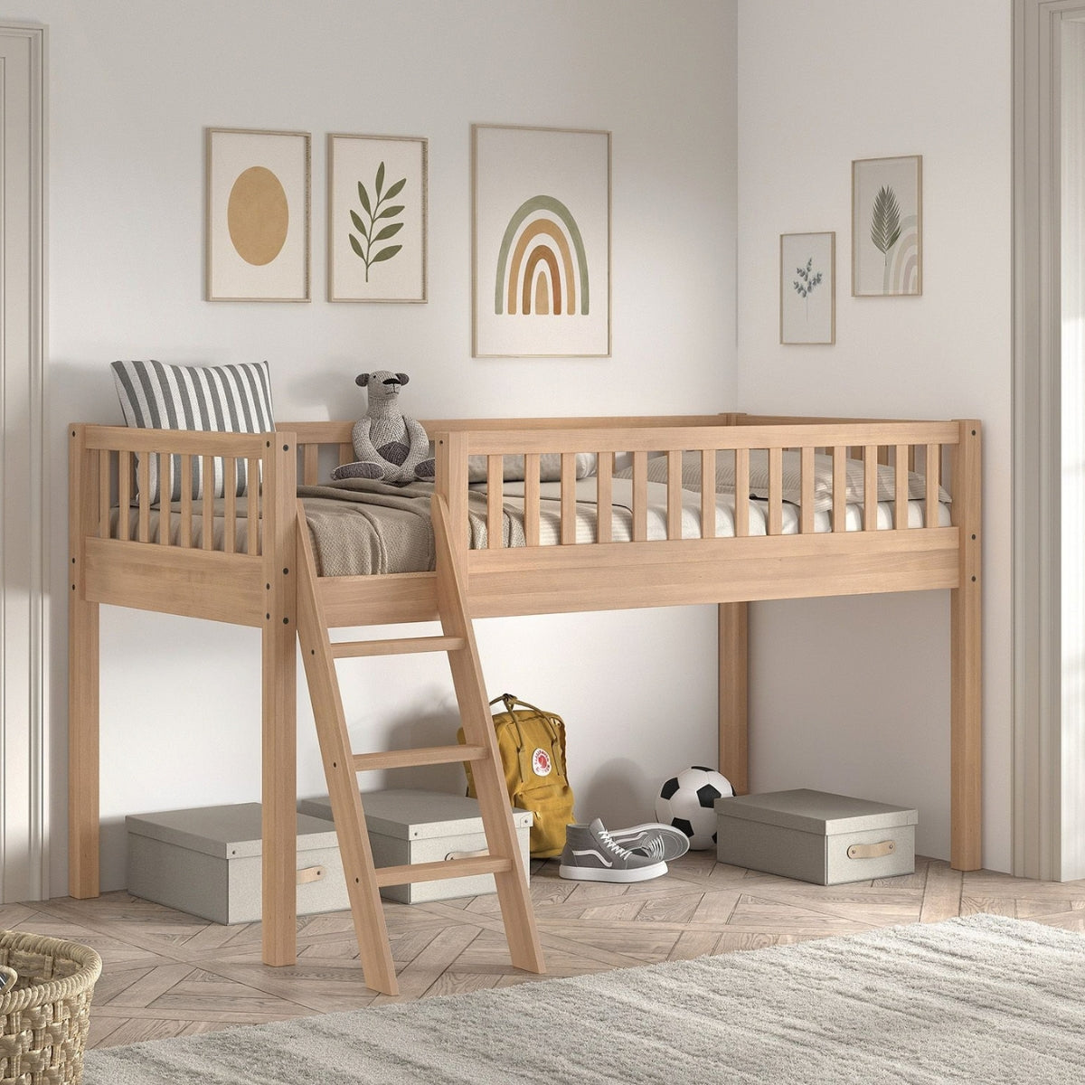 VIPACK SEDA natural beech wood kids’ mid sleeper bed with reversible ladder and underbed play or storage space in modern bedroom