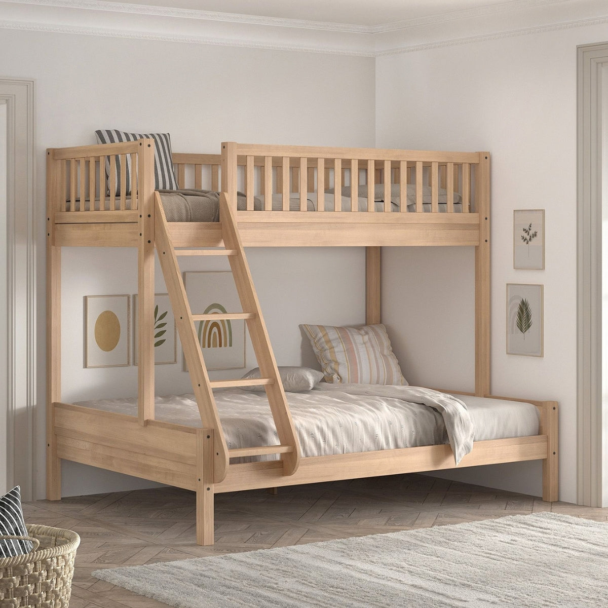 VIPACK SEDA triple sleeper bunk bed in natural beech wood with double lower and single upper bed in childrens bedroom