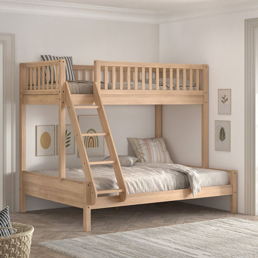 VIPACK SEDA triple sleeper bunk bed in natural beech wood with double lower and single upper bed in childrens bedroom