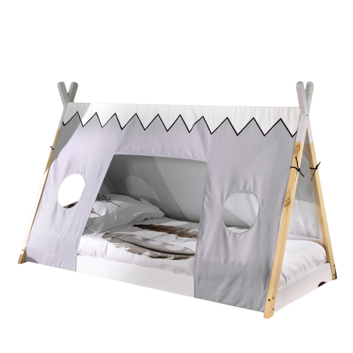 Children's VIPACK teepee bed with white and grey design on a white background