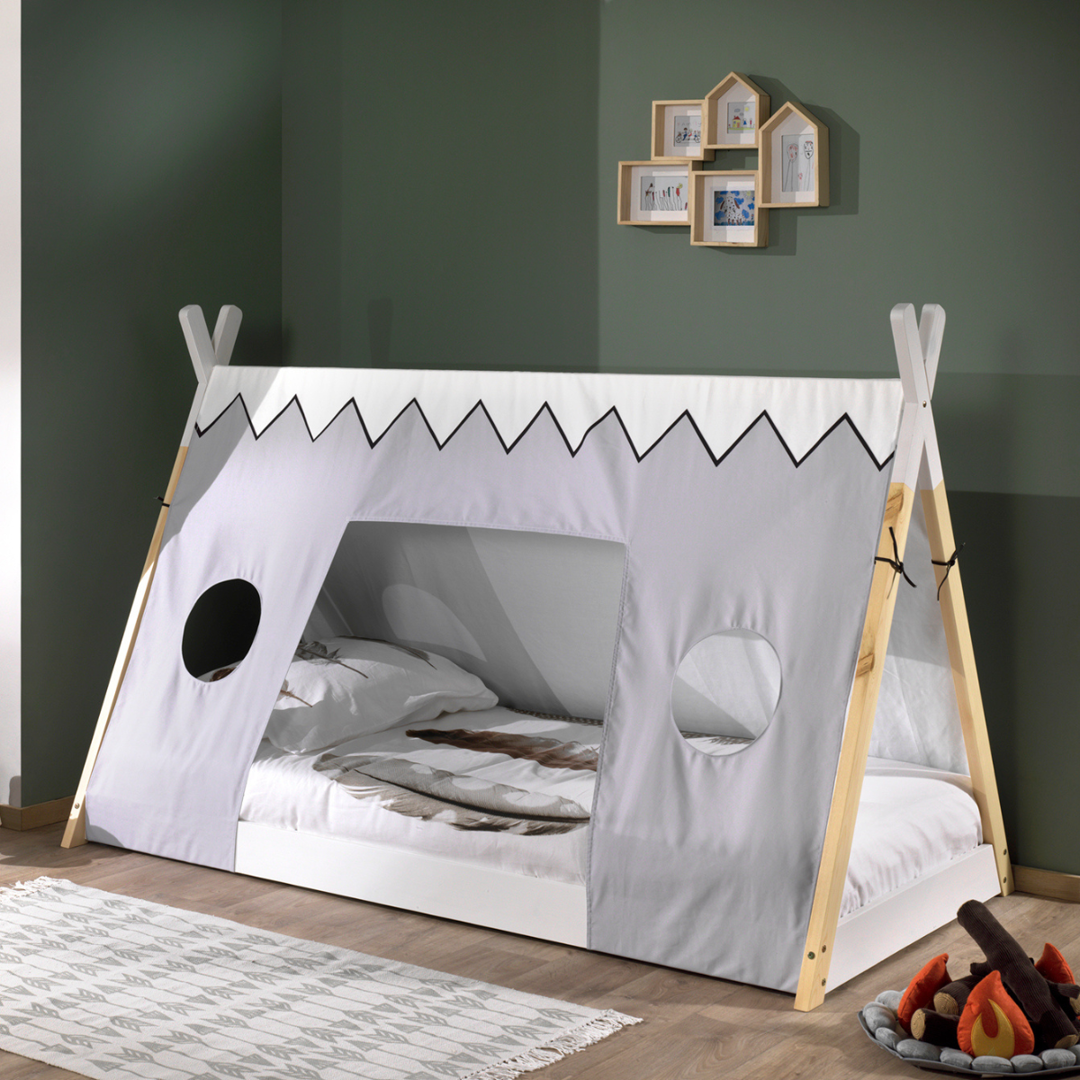 vipack teepee bed with grey canvas shark teeth cover in kids bedroom