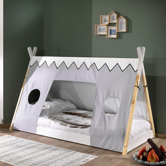 vipack teepee bed with grey canvas shark teeth cover in kids bedroom