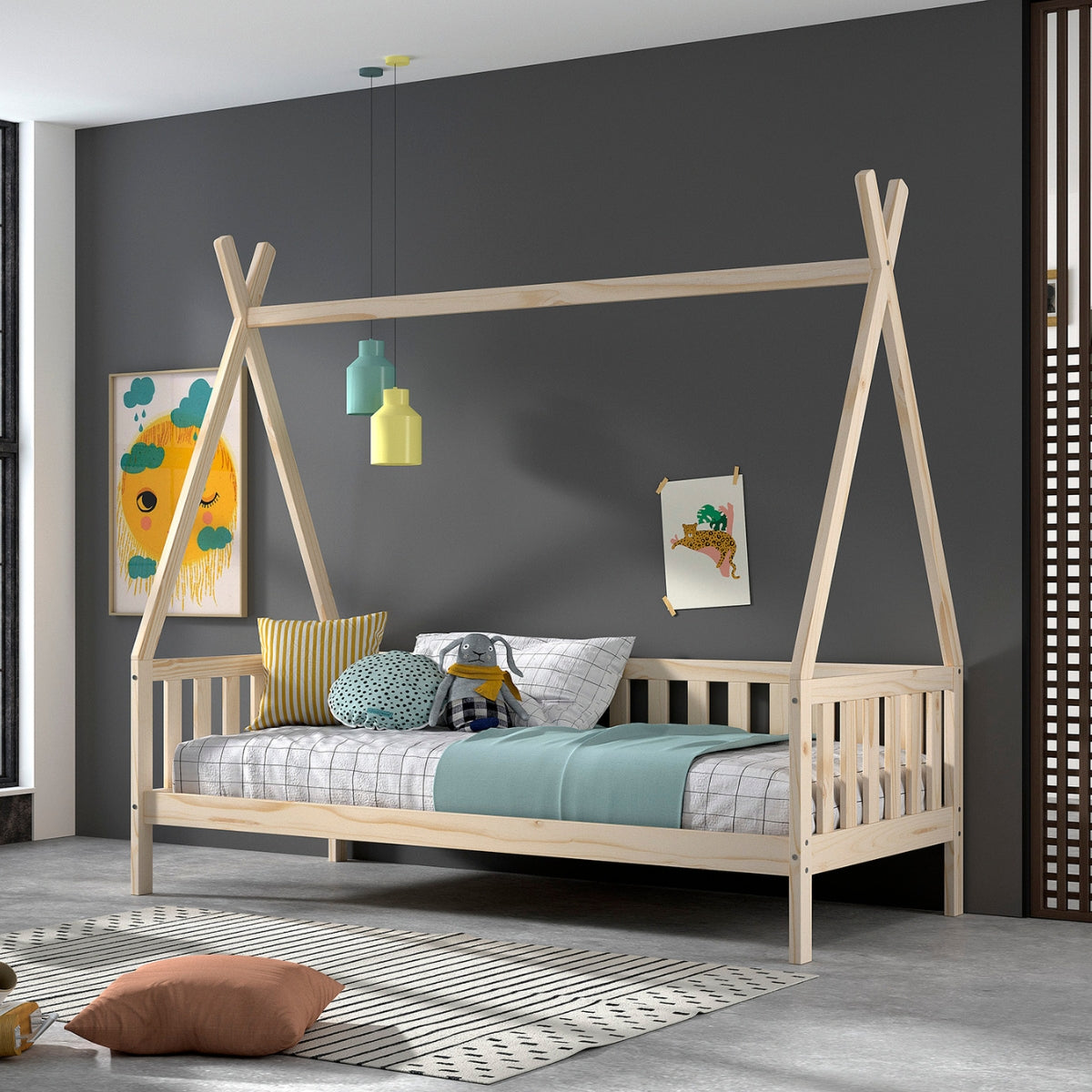 wooden childrens teepee bed with raised safety guard rails in modern bedroom