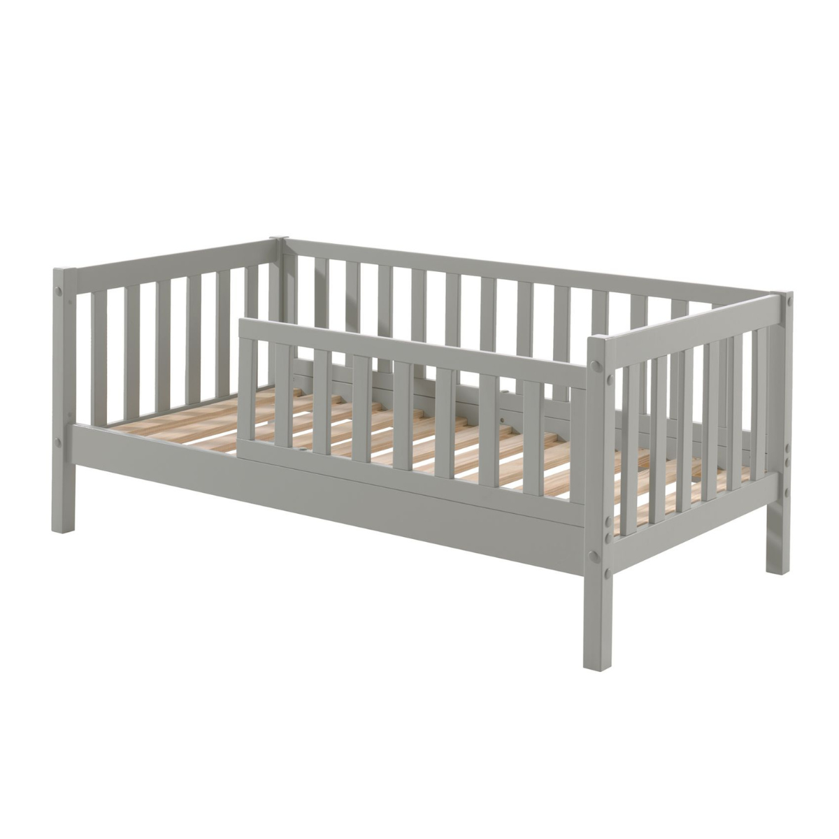 sturdy looking well built grey VIPACK JAXX peuterbed toddler bed made from FSC certified wood with guard rail  on plain white background with no mattress so wooden bed slats are visible