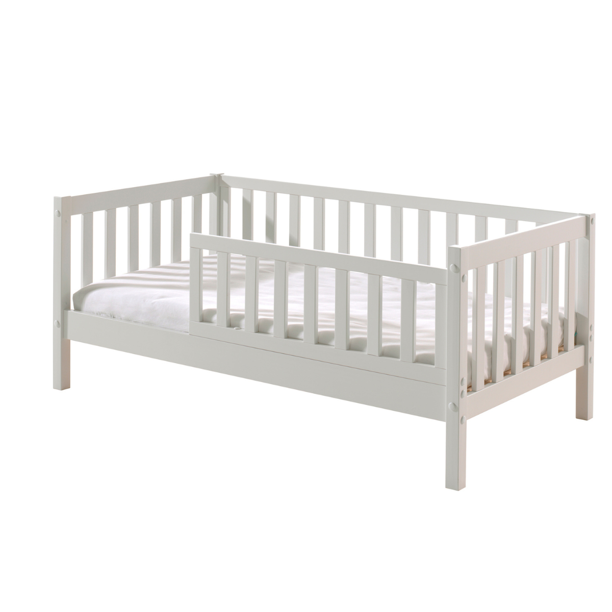 sturdy looking well built White VIPACK JAXX peuterbed toddler bed made from FSC certified wood with guard rail and mattress on plain white background