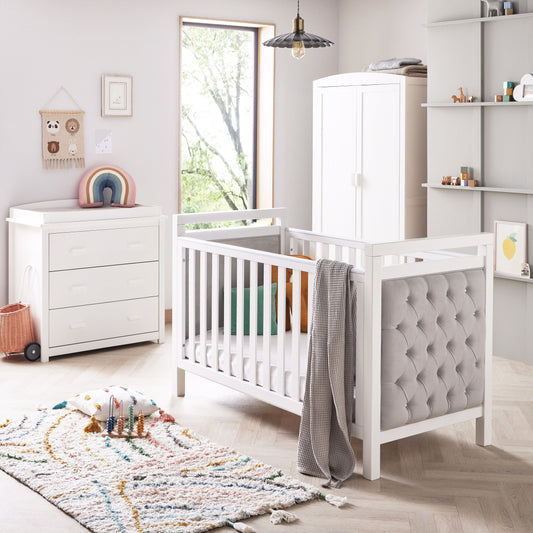 Babymore Velvet Deluxe Cot Bed 140 x 70cm 3 Piece Room Set White