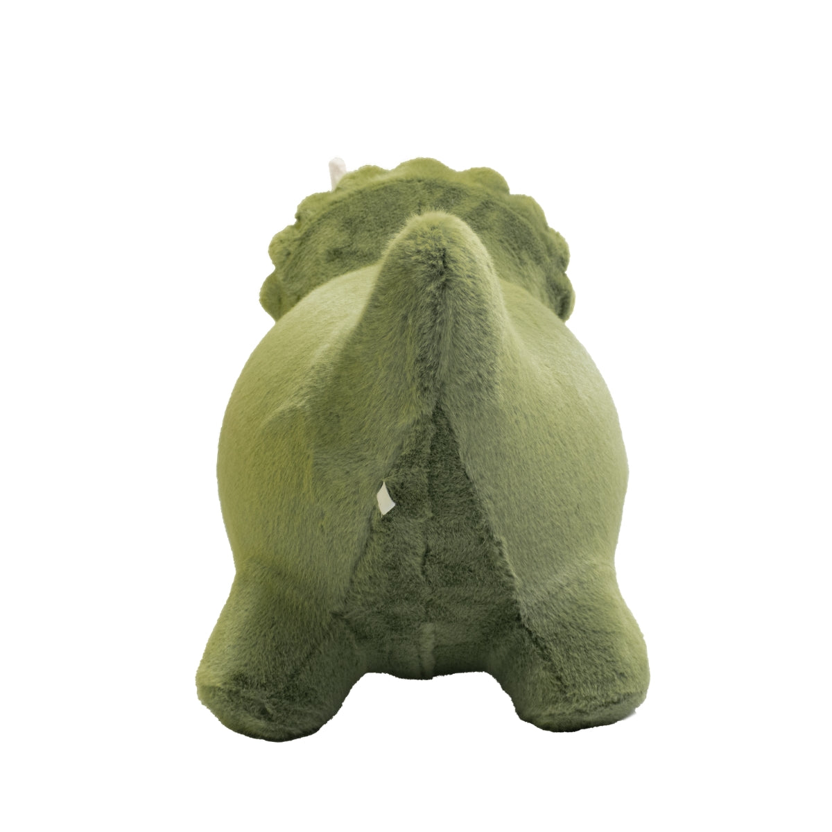 rear view of Wild & Soft Bouncy Dino plush ride-on toy on plain white background