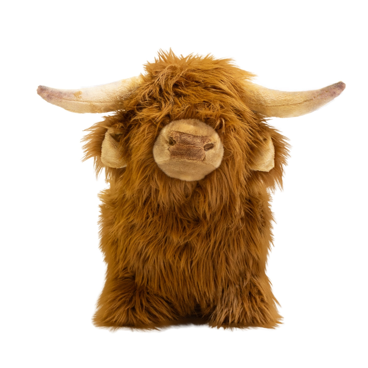 front view of Wild & Soft plush Highland cow bouncing toy for children