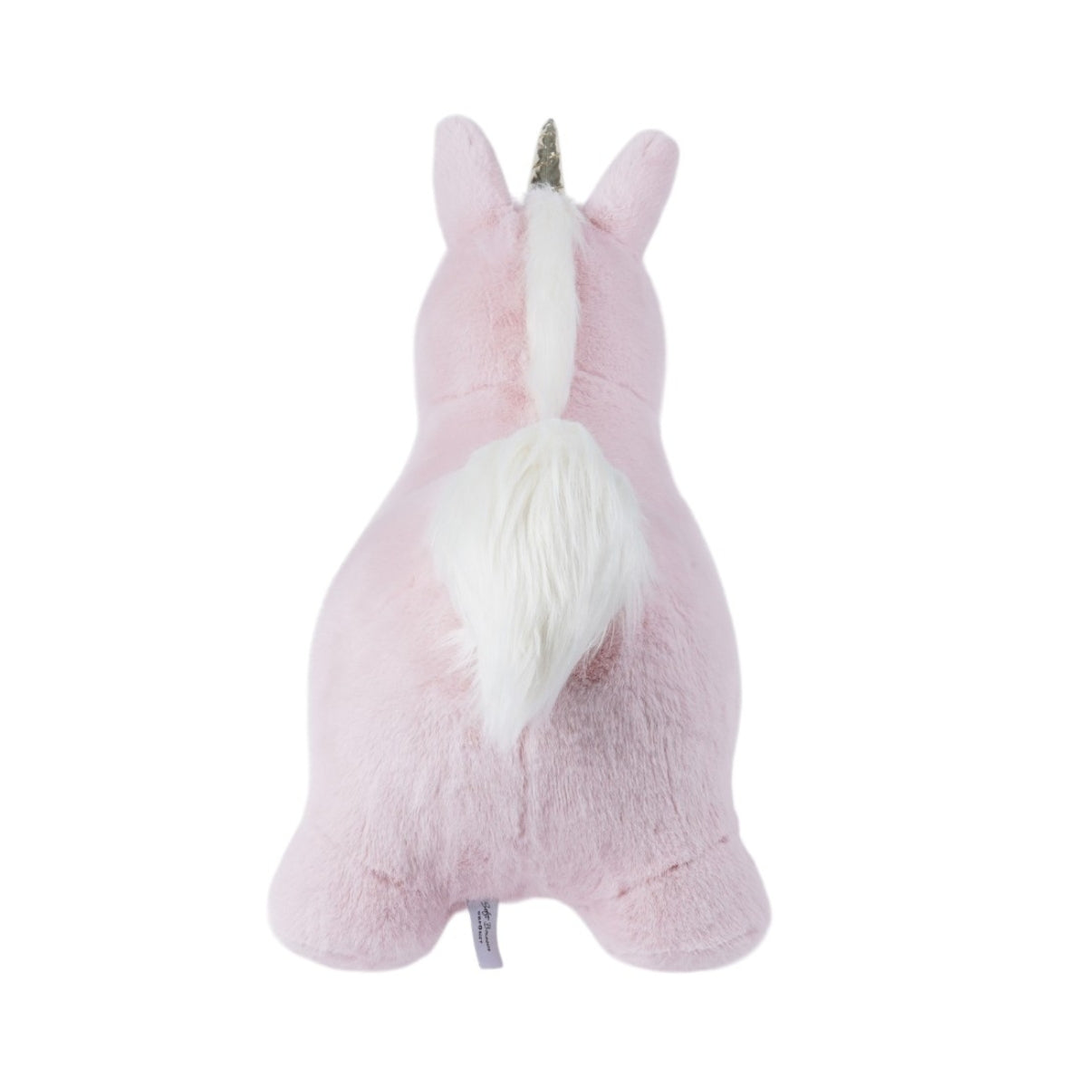 rear view of Wild & Soft Soft Bouncy Pink Unicorn plush bouncing toy on plain white background