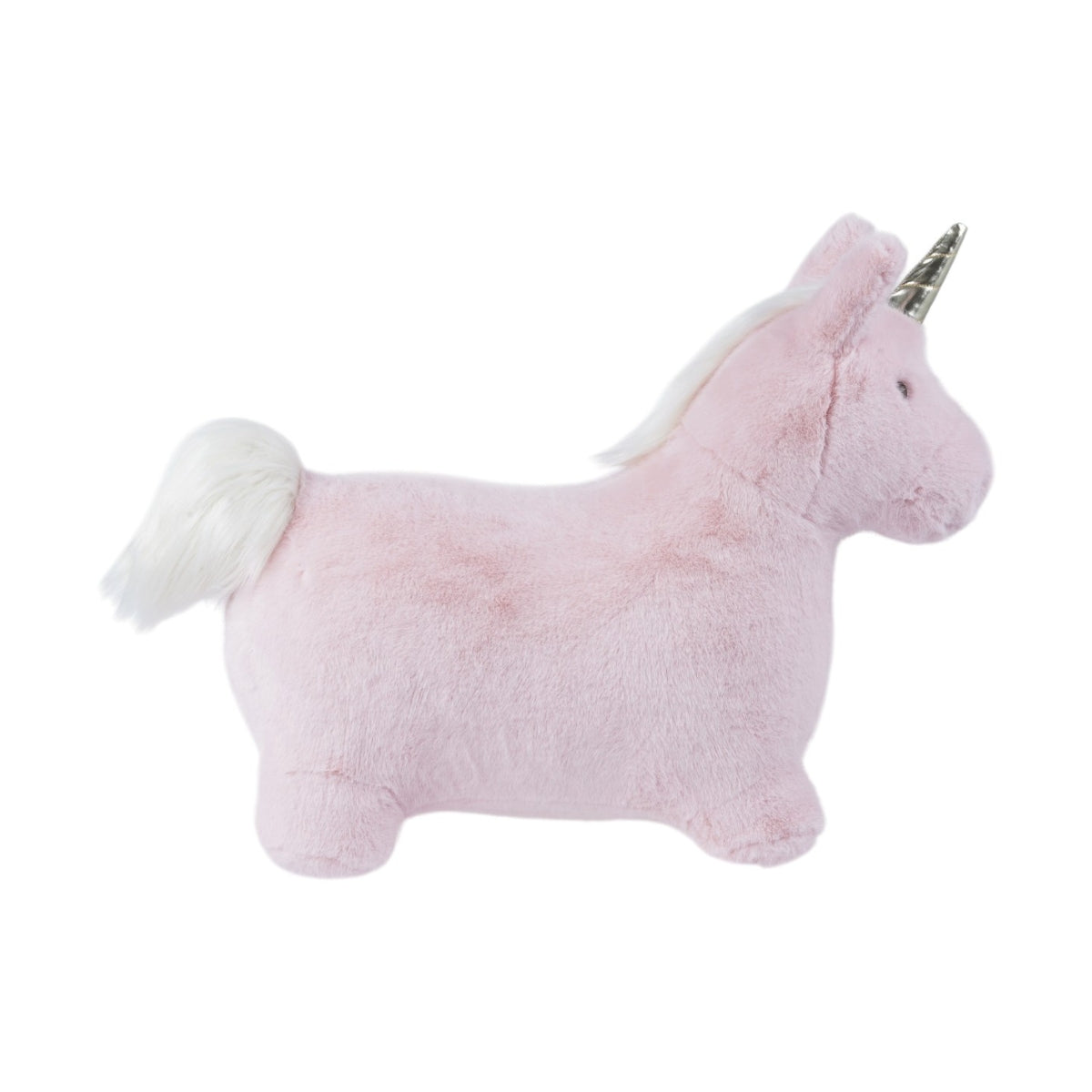 side view of Wild & Soft Soft Bouncy Pink Unicorn plush bouncing toy for children aged 3 years+ on white background
