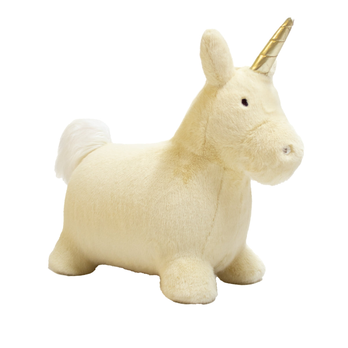 Soft ride on Bouncy Unicorn in beige by Wild & Soft for active imaginative toddler play on white background