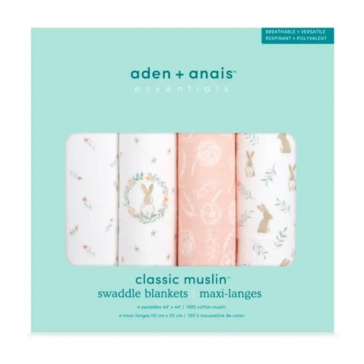 aden + anais Essentials Cotton Muslin Swaddle Blankets 4 Pack in Blushing Bunnies in retail packaging