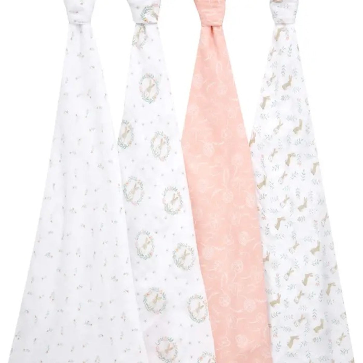 Soft breathable 100% cotton muslin swaddle blankets in Blushing Bunnies print for swaddling, tummy time, nursing and everyday baby care.