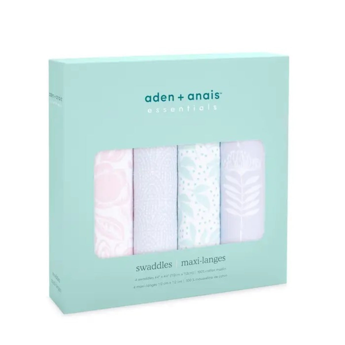 aden + anais Essentials Cotton Muslin Swaddle Blankets 4 Pack in Damsel in retail packaging box