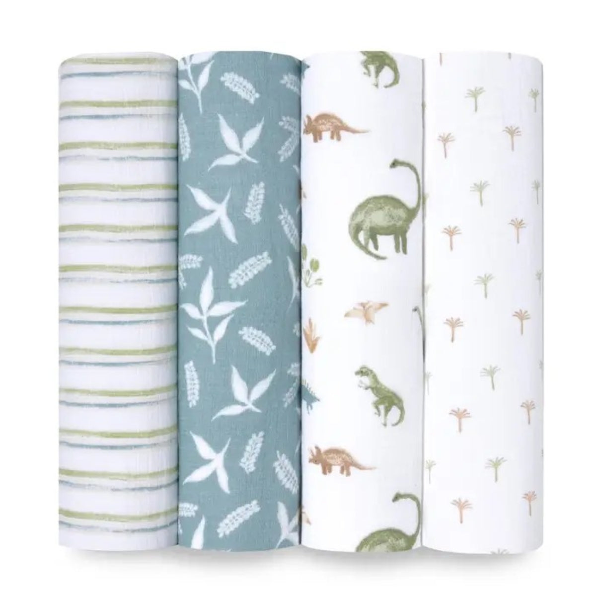 aden + anais Essentials Cotton Muslin Swaddle Blankets 4 Pack in Dino Jungle on white background